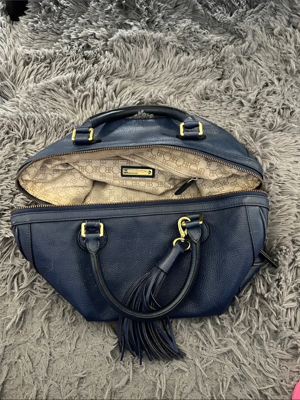 Banana Republic Navy Leather Satchel with Tassel and Gold Hardware